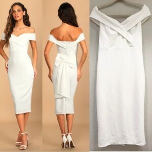 NWOT Lulus Cordially Invited‎ White Off-the-Shoulder Bow Back Midi Dress